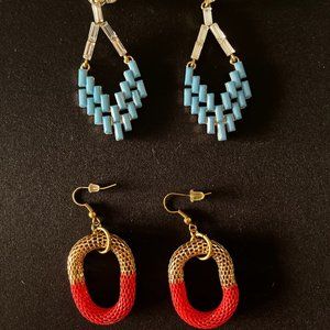 NWOT 2 pair red, blue, gold dangling earrings bundle